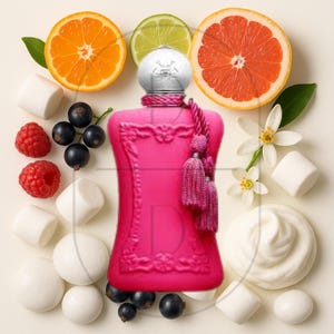 May include: A vibrant pink perfume bottle with a silver cap and pink tassels, surrounded by fresh fruit slices, marshmallows, and berries. The composition includes orange, grapefruit, and lime slices, creating a colorful and appealing display.