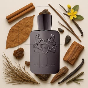 May include: A dark gray perfume bottle with a shield and horse emblem, surrounded by cinnamon sticks, a brown leaf, vanilla beans, and a yellow flower. The bottle is labeled "Parfums de Marly Paris".