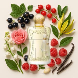 May include: A perfume bottle with a gold cap and a clear body, surrounded by fresh ingredients. The arrangement includes a pink rose, raspberries, vanilla beans, and black currants. The background is a light beige.