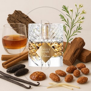 May include: A perfume bottle with the text "ANGELS' SHARE Kilian" is surrounded by ingredients like cinnamon sticks, vanilla beans, and small, round, brown candies. A glass of amber liquid and wood pieces are also present.