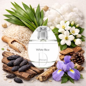 May include: A perfume bottle labeled "White Rice" surrounded by ingredients like rice, leaves, flowers, and wood. The bottle is clear with a silver cap. The composition includes white flowers, purple iris, and dark seeds.