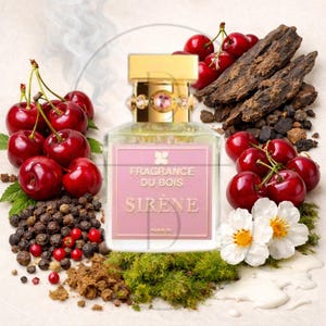 May include: A perfume bottle with a gold cap and pink label, surrounded by fresh cherries, black peppercorns, and white flowers. The label reads "FRAGRANCE DU BOIS SIRENE". The overall aesthetic is a luxurious and natural theme.