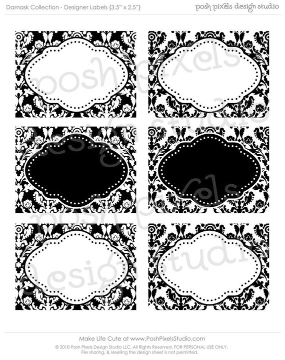 Items similar to PRINTABLE Designer Labels - Black, White and Damask - DIY Damask Collection on Etsy