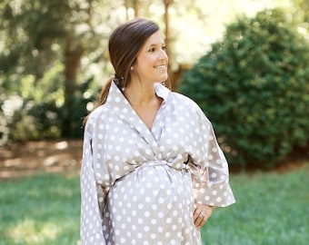 Maternity Robe - Super Soft Cotton - Darling on expecting moms - Perfect Baby Shower Gift - Gray Polka Dot