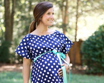 Maternity Hospital Delivery Gown- Super Soft -Perfect Snaps for Breastfeeding, Skin to Skin, and Epidural - Navy Polka Dot