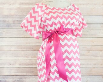 Maternity Hospital Delivery Gown - Perfect Snaps for Breastfeeding, Skin to Skin, and Epidural - Perfect Baby Shower Gift - Pink Chevron