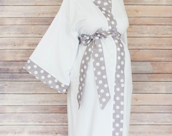 Maternity Robe in Super Soft Micro Fleece - Super Cozy for Winter - Unique Baby Shower Gift for Her- Gray Polka Dot