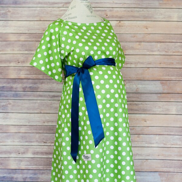Maternity Hospital Delivery Gown in Green Polka Dot -Super Soft Fabric -Perfect Snaps for Breastfeeding & Skin to Skin -Snaps down the back