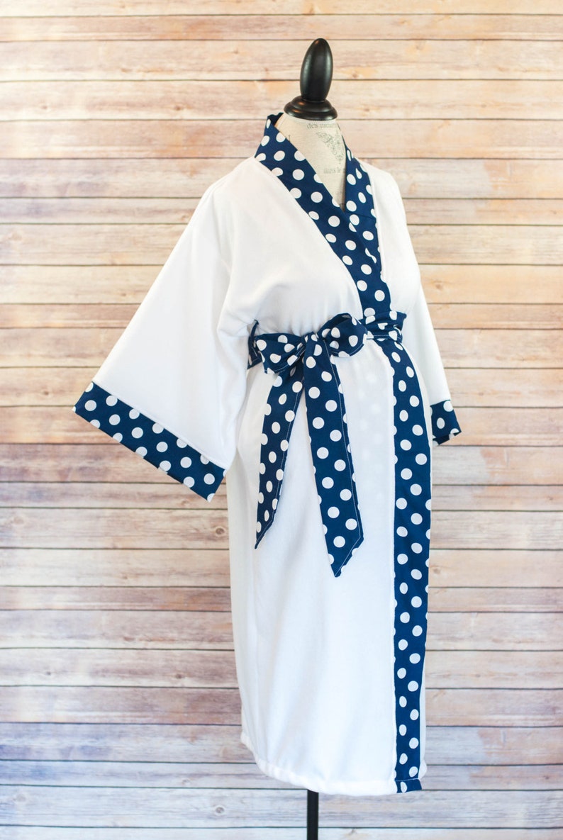 Maternity Robe in Super Soft Fleece Add a Labor and Delivery Gown for a Perfect Hospital Set Navy Polka Dot image 1