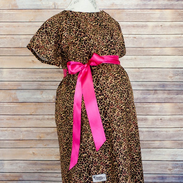 Leopard Maternity and Delivery Gown - The perfect gift for expecting moms, perfect snaps for breastfeeding, Unique baby shower gift