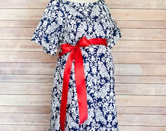 Maternity Hospital Delivery Gown - Snaps for Breastfeeding, Skin to Skin, and Epidural - Perfect Baby Shower Gift - Navy Paisley