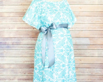 Maternity Hospital Delivery Gown - Snaps for Breastfeeding, Skin to Skin, and Epidural - Unique Baby Shower Gift - Aqua Paisley