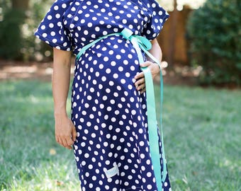 Maternity Hospital Delivery Gown and Robe Set - Super Soft -Perfect Snaps for Breastfeeding, Skin to Skin, and Epidural - Navy Polka Dot
