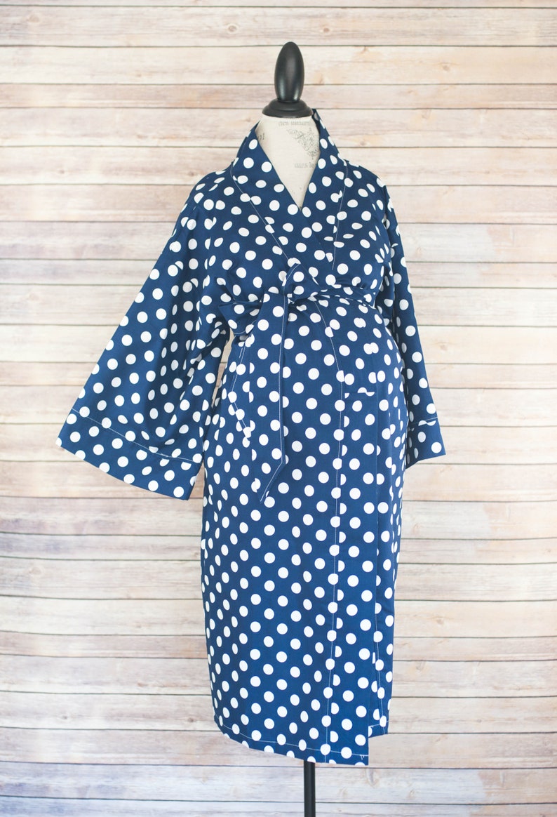 Maternity Robe in Super Soft Fleece Add a Labor and Delivery Gown for a Perfect Hospital Set Navy Polka Dot image 3