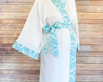 Maternity Robe - Super Soft Cotton - Darling on expecting moms - Perfect Baby Shower Gift - Aqua Paisley