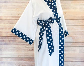 Maternity Robe in Super Soft Fleece - Add a Labor and Delivery Gown for a Perfect Hospital Set - Navy Polka Dot