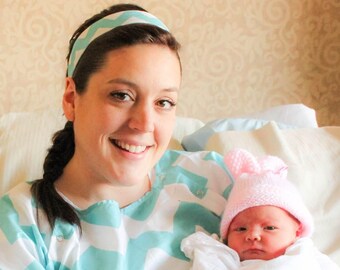 Maternity Hospital Delivery Gown- Super Soft -Perfect Snaps for Breastfeeding, Skin to Skin, and Epidural - Aqua Chevron