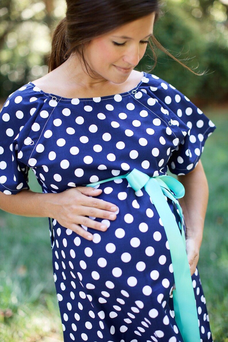 Maternity Robe in Super Soft Fleece Add a Labor and Delivery Gown for a Perfect Hospital Set Navy Polka Dot image 2
