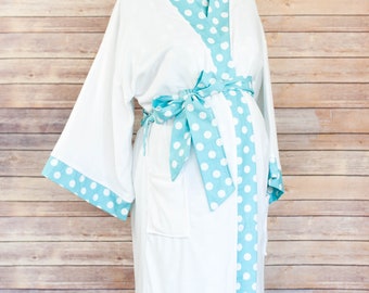 Maternity Robe in Super Soft Micro Fleece - Super Cozy for Winter - Unique Baby Shower Gift for Her - Aqua Polka Dot