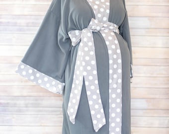 Maternity Robe - Super Soft Cotton - Darling on expecting moms - Perfect Baby Shower Gift - Gray Dot
