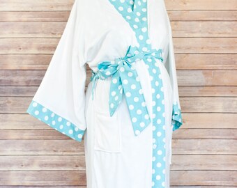 Maternity Robe in Super Soft Micro Fleece - Super Cozy for Winter - Unique Baby Shower Gift for Her - Aqua Polka Dot