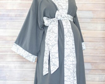 Gray Paisley Maternity Robe in Super Soft Microfleece - Add a Labor and Delivery Gown for a Perfect Hospital Set - Gray Paisley