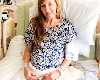 Navy Damask Maternity Hospital Delivery Gown -Super Soft -Perfect Snaps for Breastfeeding, Skin to Skin, and Epidural