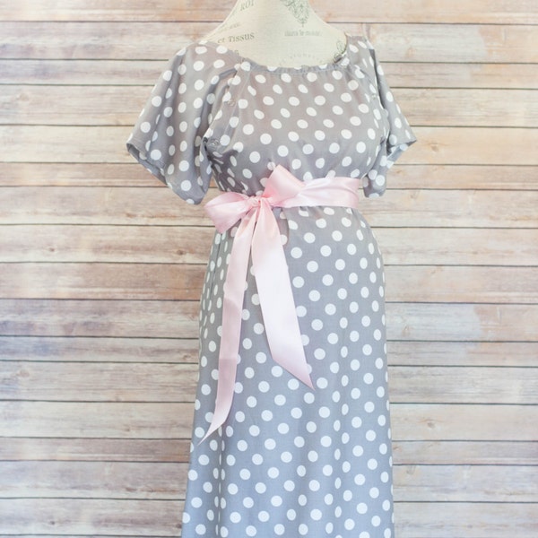 FLAWED- Gray Polka Dot Maternity Hospital Delivery Gown -Super Soft -Perfect Snaps for Breastfeeding, Skin to Skin, and Epidural