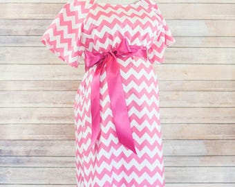 Maternity Hospital Delivery Gown - Perfect Snaps for Breastfeeding, Skin to Skin, and Epidural - Perfect Baby Shower Gift - Pink Chevron