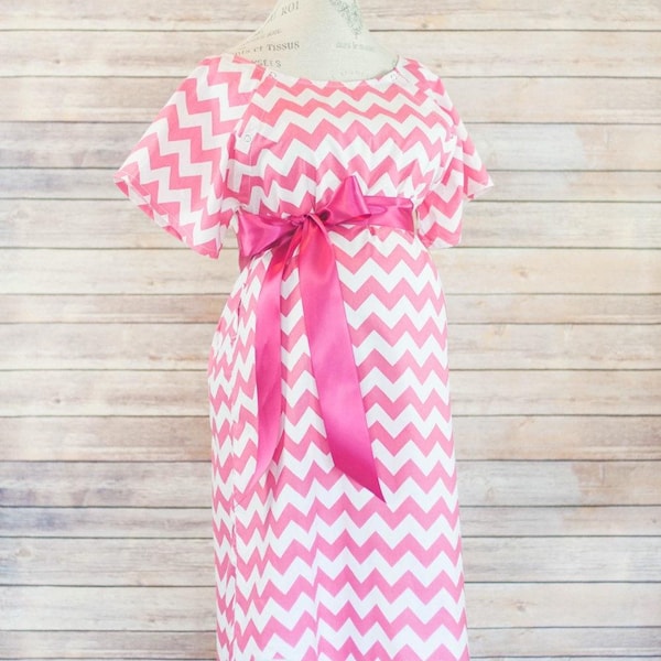 Maternity Hospital Delivery Gown - Perfect Snaps for Breastfeeding, Skin to Skin, and Epidural - Perfect Baby Shower Gift - Pink Chevron