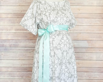 Maternity Hospital Delivery Gown- Super Soft -Perfect Snaps for Breastfeeding, Skin to Skin, and Epidural - Gray Paisley