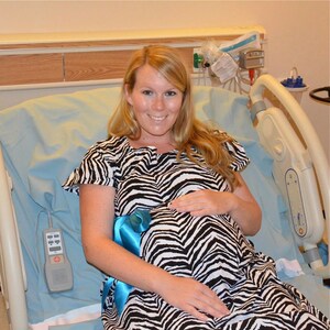 Zebra Maternity Delivery Gown - Snaps Down the Back - Snaps for Breastfeeding, Skin to Skin, and Epidural - Baby Shower Gift