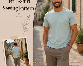 May include: A sewing pattern for a relaxed fit t-shirt with a chest pocket. The text reads CHANCE PATTERN, Men's Relaxed Fit T-Shirt Sewing Pattern, SIZE 36 to 56, A4, A0, US LETTER PDF PATTERN, and STEP-BY-STEP INSTRUCTIONS. Includes size 36 to 56.