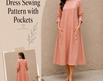 Linen Boho Dress Sewing Pattern with Pockets, Long Sleeve Dresses Sizes US 2-30)