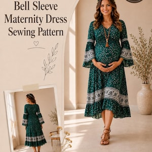 May include: A digital sewing pattern for a bell sleeve maternity dress titled Chance Pattern. The design features a dark green floral print with a white patterned border at the hem and sleeves. Includes sizes 2-30, XS-4XL, and PDF instructions.