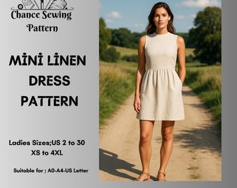 Mini Linen Dress Sewing Pattern, Boho Sleeveless, US Sizes 2-30 (PDF)