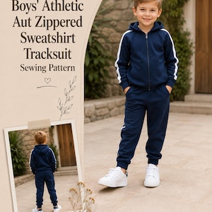 Può includere: Un cartamodello per una tuta sportiva blu navy con cerniera e strisce laterali bianche. Il testo recita Chance Pattern, Boys' Athletic Aut Zippered Sweatshirt Tracksuit Sewing Pattern, Sizes 2-16 Years, A4, A0, US Letter PDF Pattern e Step-by-Step Instructions.