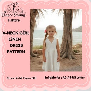 Patrón de vestido de lino con escote en V para niña, patrón de costura para niños, patrón de costura, ropa para niña, vestido boho, tejido, tamaño A4-A0, carta de 2 a 16 años