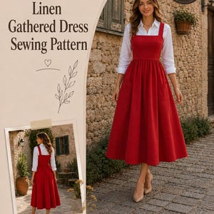 Peut inclure: Un patron de couture numérique pour une robe froncée en lin intitulée Chance Pattern. Le modèle présente une robe rouge sans manches avec une encolure carrée et des poches latérales, portée sur une chemise blanche à manches longues. Tailles 2 à 30.