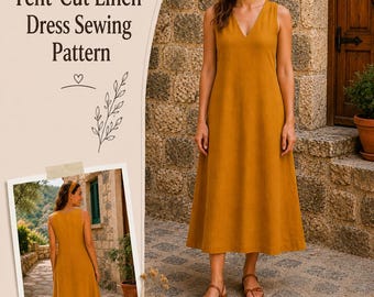 V-neck Tent Cut Linen Dress Sewing Pattern,Boho Dress Patterns,Summer  Sizes 2/30