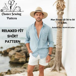 Patrón de camisa de corte relajado, patrón de costura de camisa de lino para hombre, patrón de camisa de lino, patrón de camisa de sol para hombre talla 36 a 56, S a 4 XL A4, A0, Carta