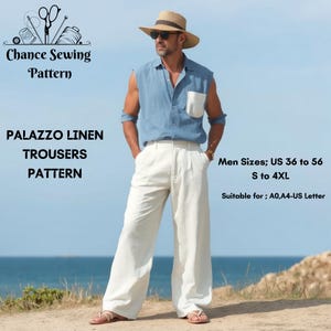 Patrón de pantalón de lino Palazzo, patrón de costura de pantalón de lino para hombre, patrón de pantalón de lino para hombre, talla 36 a 56, S a 4 XL A4, A0, Carta