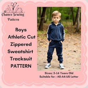 Può includere: Un modello di tuta sportiva blu navy per ragazzi, con una felpa con zip e pantaloni abbinati. Il modello è progettato per taglie 2-16 anni ed è adatto per carta A0-A4-US Letter. Include il testo "Chance Sewing Pattern".