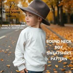 Patrón de sudadera de cuello redondo para niño, patrón de costura de sudadera, patrón de costura para niños, patrón de costura de vestido para niño, tamaño A4-A0, talla carta 2-16 años