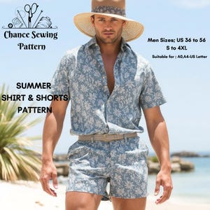 Camisa y pantalones cortos de verano para hombre, patrón de costura de camisa para hombre, patrón de pantalones cortos, patrón de camisa de sol para hombre talla 36 a 56, S a 4 XL A4, A0, Carta