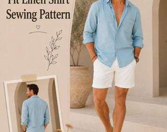 May include: A sewing pattern for a relaxed fit linen shirt with text reading Chance Pattern, Men's Relaxed Fit Linen Shirt Sewing Pattern, Size 36 to 56, A4, A0, US Letter PDF Pattern, and Step-by-Step Instructions. The image shows a light blue shirt.