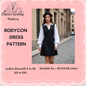 May include: A black bodycon dress pattern for sizes US 2 to 30, XS to 4XL. The pattern is suitable for A0-A4-US Letter paper sizes. The image shows a woman wearing a black dress with a white shirt underneath, standing on a cobblestone street.