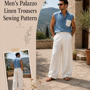 May include: A sewing pattern for palazzo linen trousers, labelled Chance Pattern, featuring size 36 to 56. The document includes A4, A0, and US Letter PDF formats with step-by-step instructions, displayed alongside images of the finished trousers.