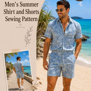 May include: A digital sewing pattern for a summer shirt and shorts set, labeled Chance Pattern, featuring sizes 36 to 56. The design includes a short-sleeved button-down shirt and matching shorts in a light blue fabric with a white floral print.