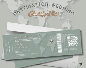 Destination Wedding Invitation Boarding Pass | Sage Green Printable | Editable Canva Template | Digital Wedding Invite